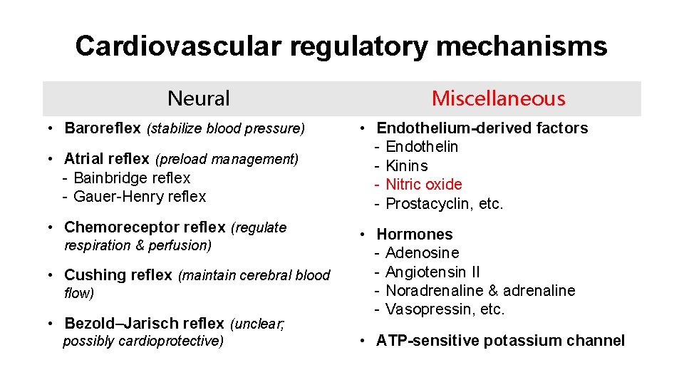 Cardiovascular regulatory mechanisms Neural • Baroreflex (stabilize blood pressure) • Atrial reflex (preload management)