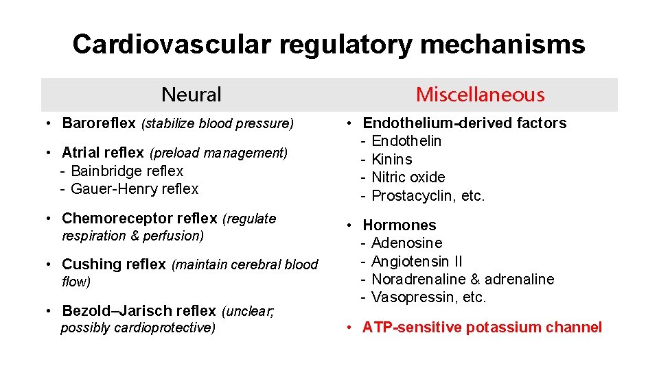 Cardiovascular regulatory mechanisms Neural • Baroreflex (stabilize blood pressure) • Atrial reflex (preload management)
