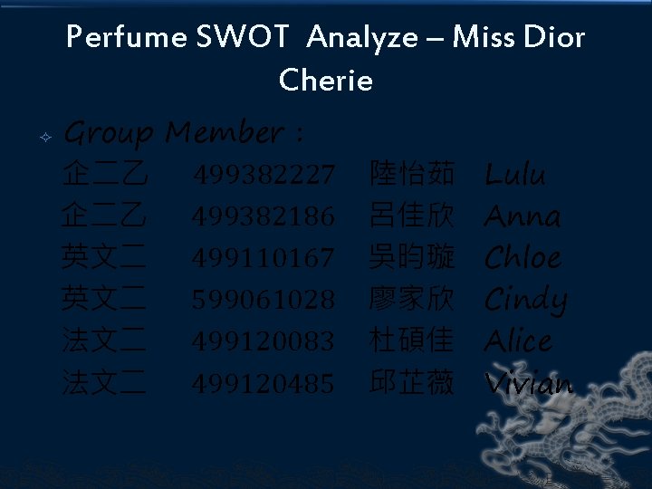 Perfume SWOT Analyze – Miss Dior Cherie Group Member : 企二乙 499382227 企二乙 499382186