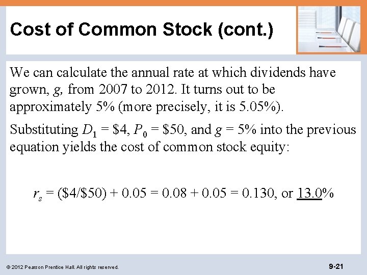 Cost of Common Stock (cont. ) We can calculate the annual rate at which