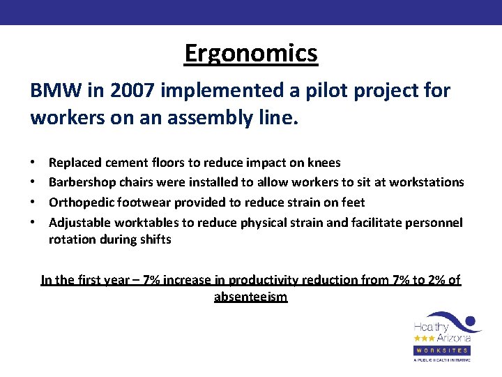 Ergonomics BMW in 2007 implemented a pilot project for workers on an assembly line.