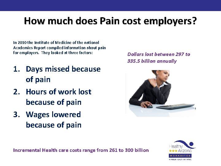 How much does Pain cost employers? In 2010 the Institute of Medicine of the