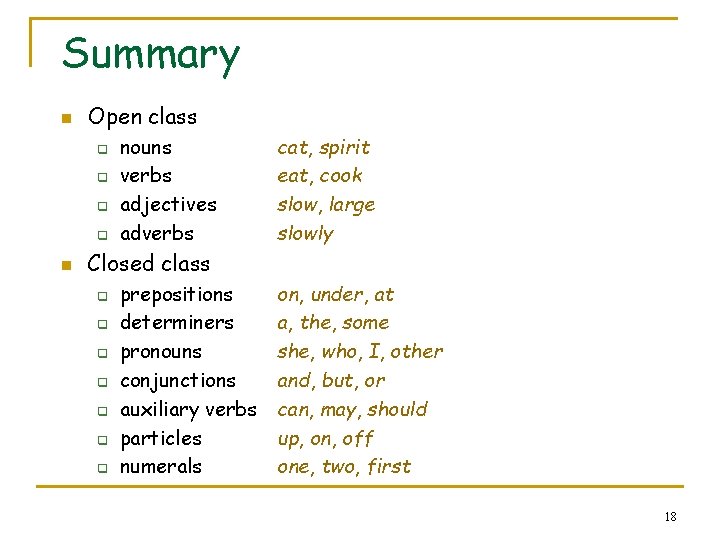 Summary n Open class q q n nouns verbs adjectives adverbs cat, spirit eat,