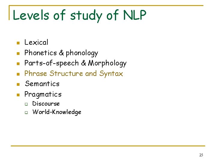 Levels of study of NLP n n n Lexical Phonetics & phonology Parts-of-speech &