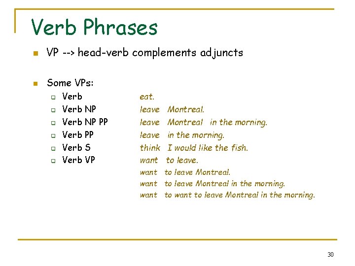 Verb Phrases n VP --> head-verb complements adjuncts n Some VPs: q q q