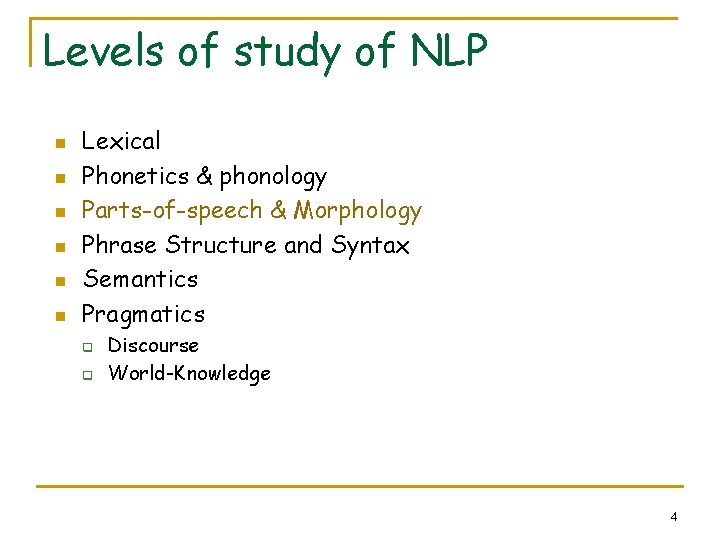 Levels of study of NLP n n n Lexical Phonetics & phonology Parts-of-speech &