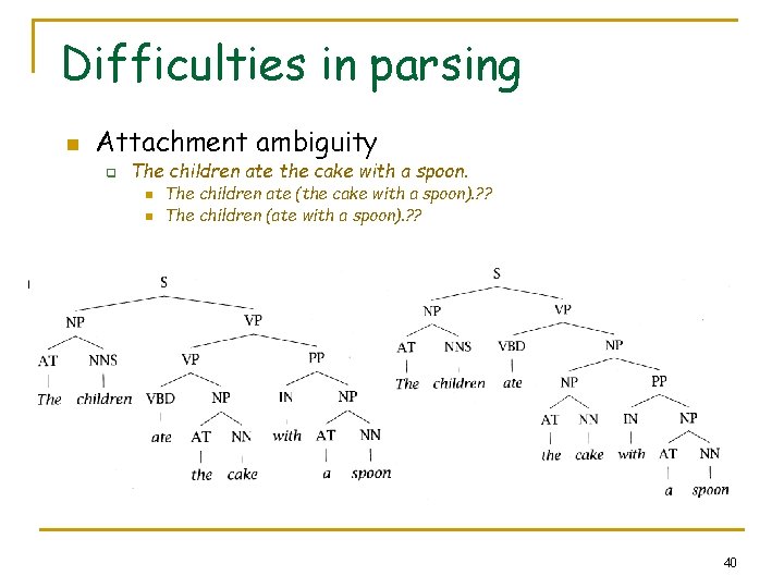 Difficulties in parsing n Attachment ambiguity q The children ate the cake with a