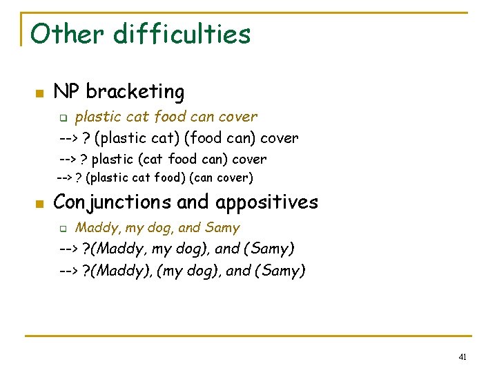 Other difficulties n NP bracketing plastic cat food can cover --> ? (plastic cat)