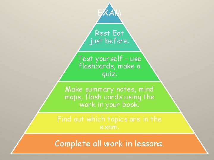 EXAM Rest Eat just before. Test yourself – use flashcards, make a quiz. Make EXAM Rest Eat just before. Test yourself – use flashcards, make a quiz. Make