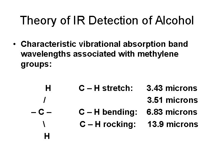 Theory of IR Detection of Alcohol • Characteristic vibrational absorption band wavelengths associated with