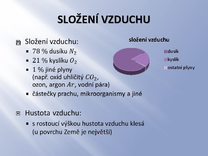 SLOŽENÍ VZDUCHU � složení vzduchu dusík kyslík ostatní plyny 