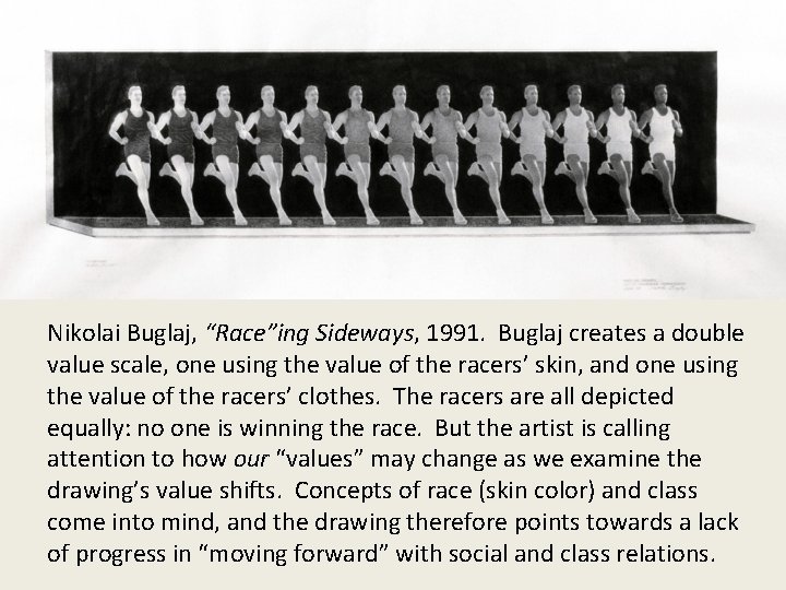 Nikolai Buglaj, “Race”ing Sideways, 1991. Buglaj creates a double value scale, one using the