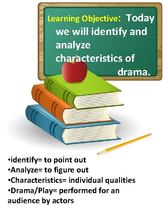 Learning Objective: Today we will identify and analyze characteristics of drama. • identify= to