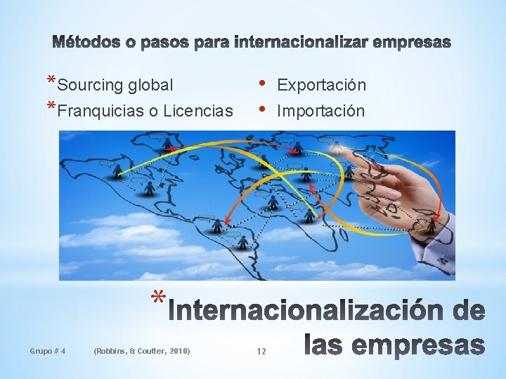 *Sourcing global *Franquicias o Licencias • • * Grupo # 4 (Robbins, & Coulter,