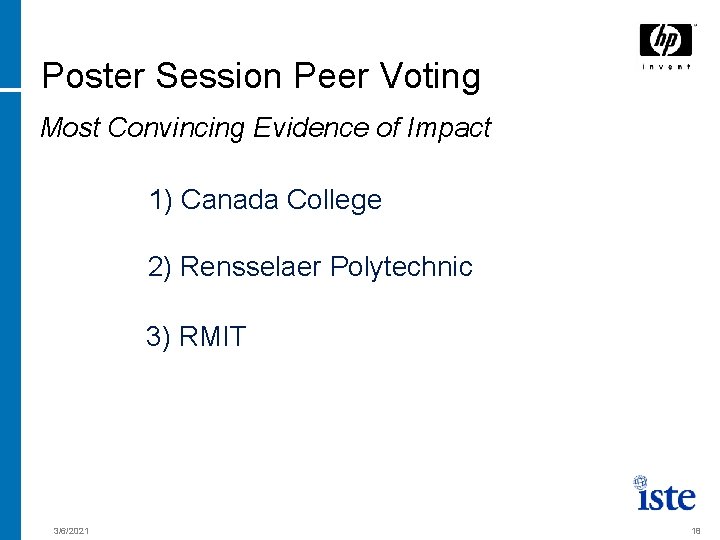 Poster Session Peer Voting Most Convincing Evidence of Impact 1) Canada College 2) Rensselaer