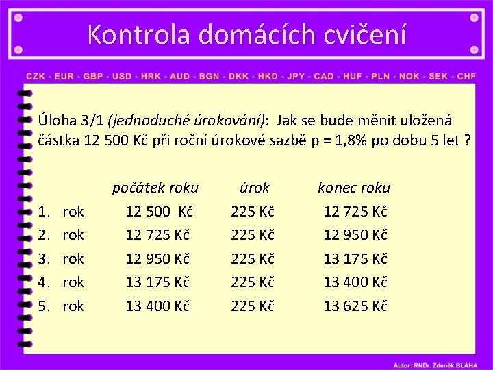 Kontrola domácích cvičení Úloha 3/1 (jednoduché úrokování): Jak se bude měnit uložená částka 12