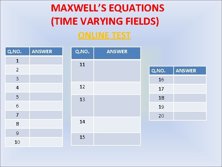 MAXWELL’S EQUATIONS (TIME VARYING FIELDS) ONLINE TEST Q. NO. 1 2 ANSWER Q. NO.