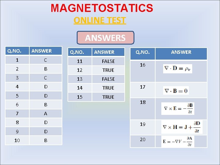 MAGNETOSTATICS ONLINE TEST ANSWERS Q. NO. ANSWER 1 C 11 FALSE 2 B 12