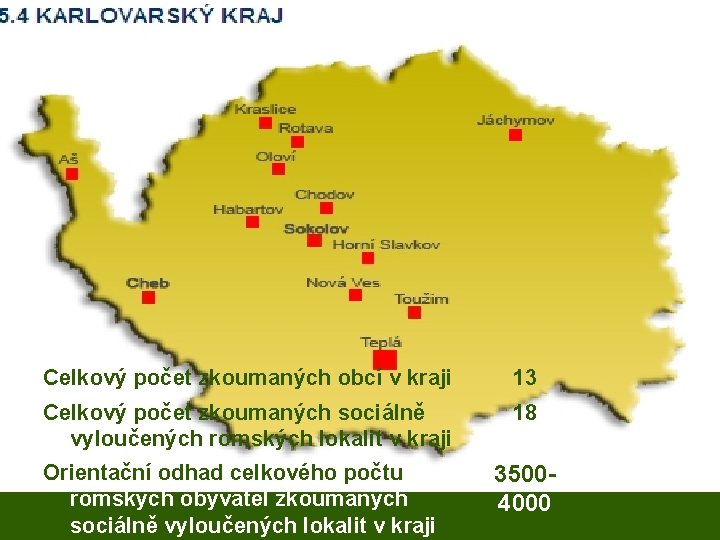 Celkový počet zkoumaných obcí v kraji 13 Celkový počet zkoumaných sociálně vyloučených romských lokalit