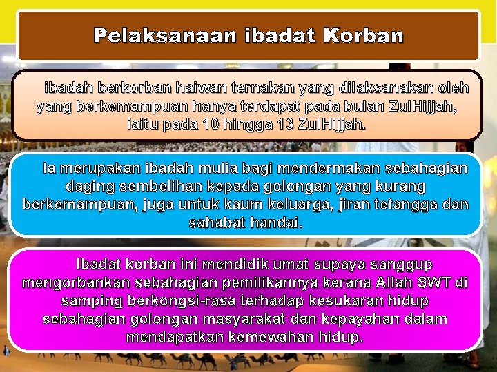 Pelaksanaan ibadat Korban ibadah berkorban haiwan ternakan yang dilaksanakan oleh yang berkemampuan hanya terdapat