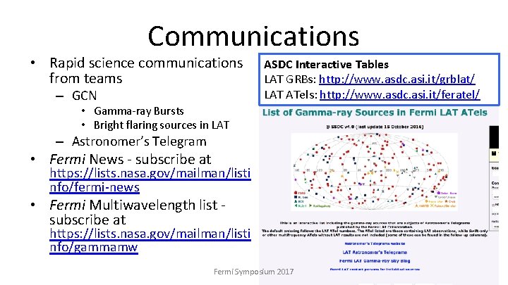 Communications • Rapid science communications from teams – GCN ASDC Interactive Tables LAT GRBs: