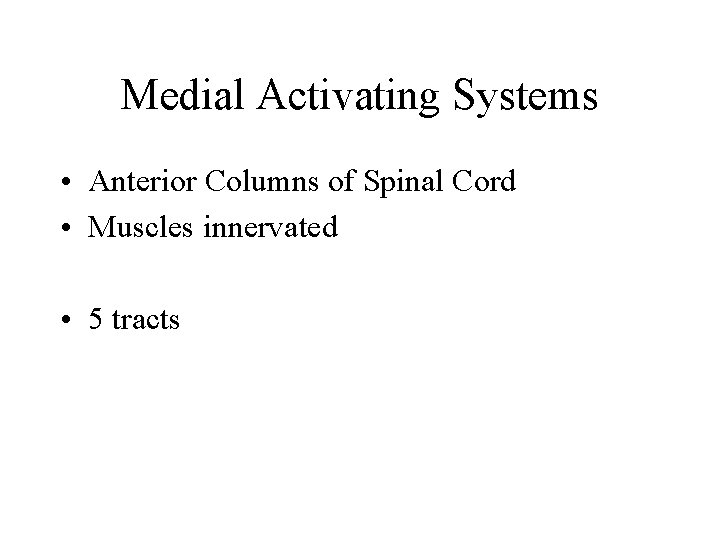 Medial Activating Systems • Anterior Columns of Spinal Cord • Muscles innervated • 5 Medial Activating Systems • Anterior Columns of Spinal Cord • Muscles innervated • 5
