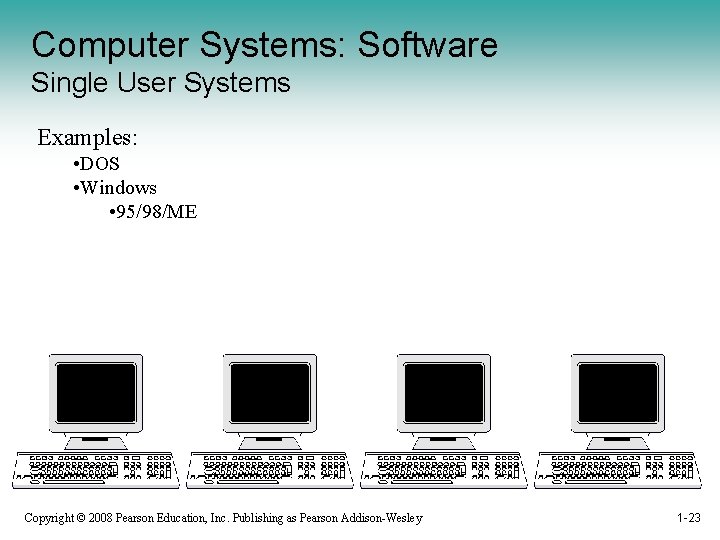 Computer Systems: Software Single User Systems Examples: • DOS • Windows • 95/98/ME Copyright