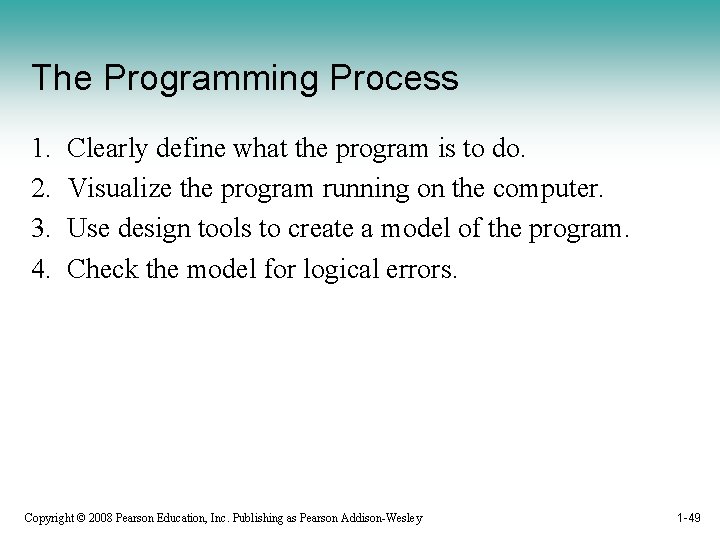 The Programming Process 1. 2. 3. 4. Clearly define what the program is to