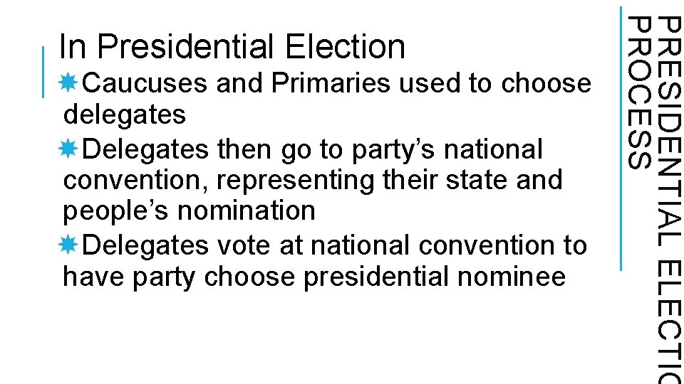 Caucuses and Primaries used to choose delegates Delegates then go to party’s national Caucuses and Primaries used to choose delegates Delegates then go to party’s national