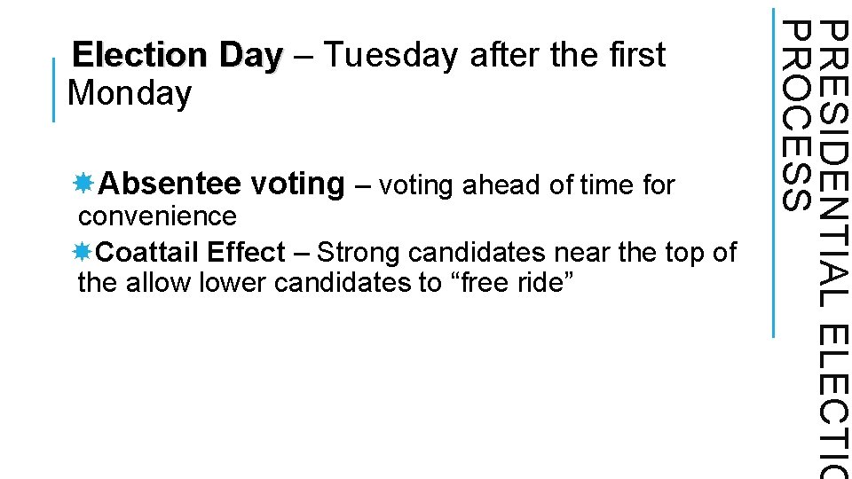 Absentee voting – voting ahead of time for convenience Coattail Effect – Strong Absentee voting – voting ahead of time for convenience Coattail Effect – Strong