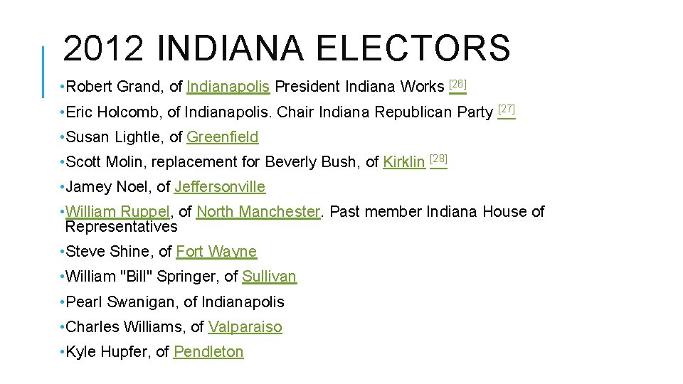 2012 INDIANA ELECTORS • Robert Grand, of Indianapolis President Indiana Works [26] • Eric