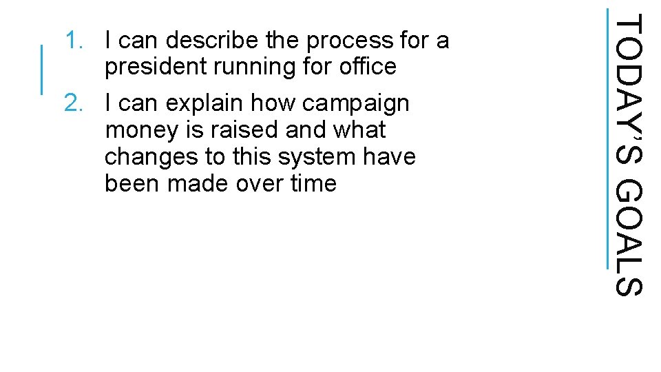 TODAY’S GOALS 1. I can describe the process for a president running for office TODAY’S GOALS 1. I can describe the process for a president running for office