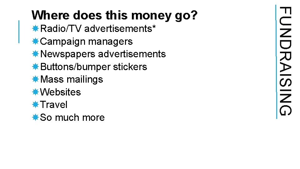 Radio/TV advertisements* Campaign managers Newspapers advertisements Buttons/bumper stickers Mass mailings Websites Travel So Radio/TV advertisements* Campaign managers Newspapers advertisements Buttons/bumper stickers Mass mailings Websites Travel So