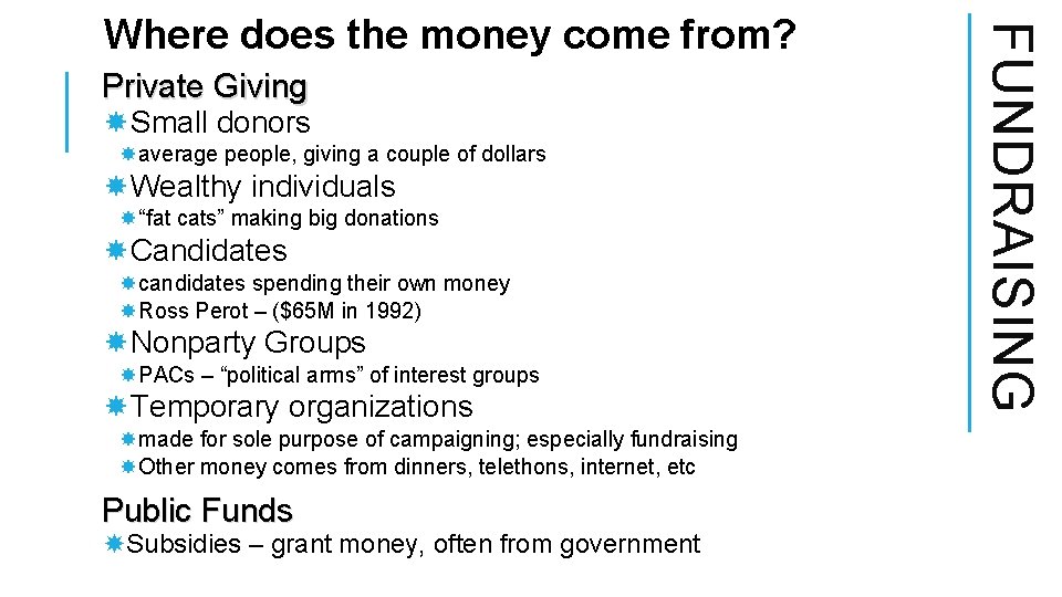 Private Giving Small donors average people, giving a couple of dollars Wealthy individuals “fat Private Giving Small donors average people, giving a couple of dollars Wealthy individuals “fat