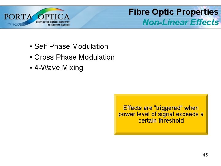 Fibre Optic Properties Non-Linear Effects • Self Phase Modulation • Cross Phase Modulation •