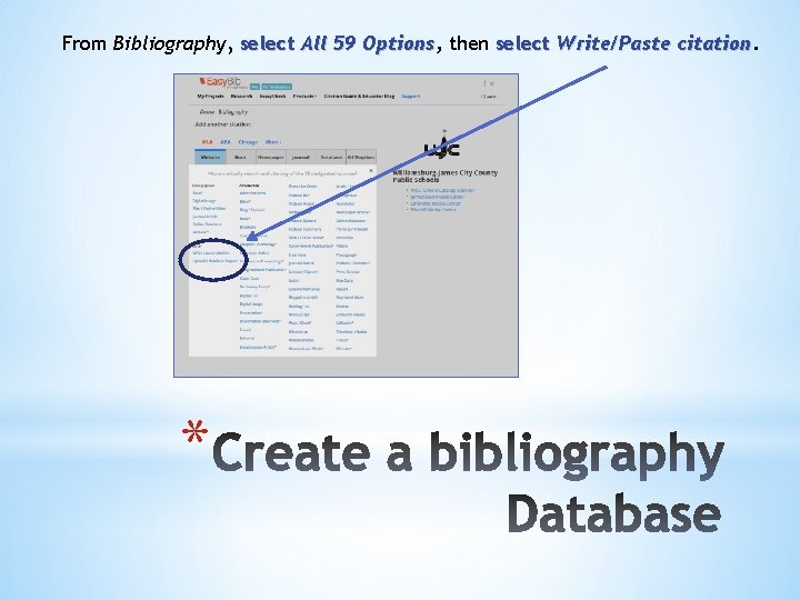 From Bibliography, select All 59 Options, Options then select Write/Paste citation * 