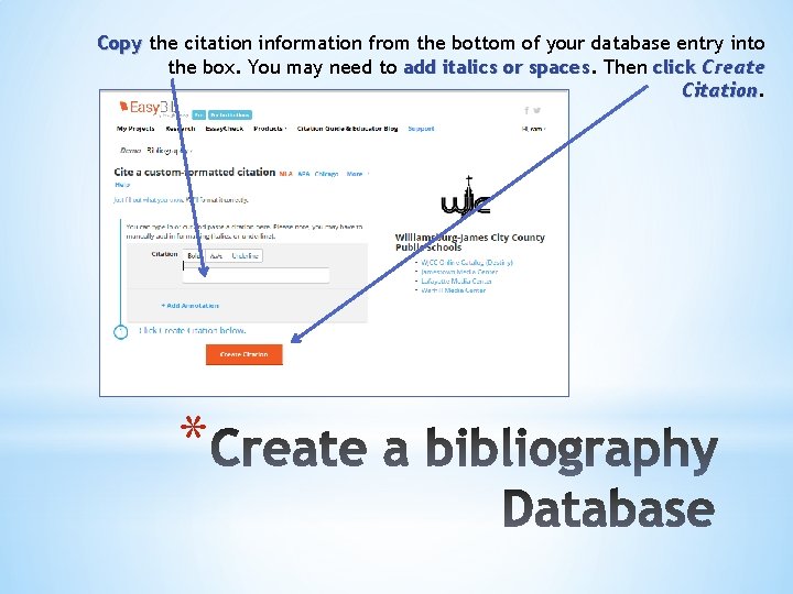 Copy the citation information from the bottom of your database entry into the box.