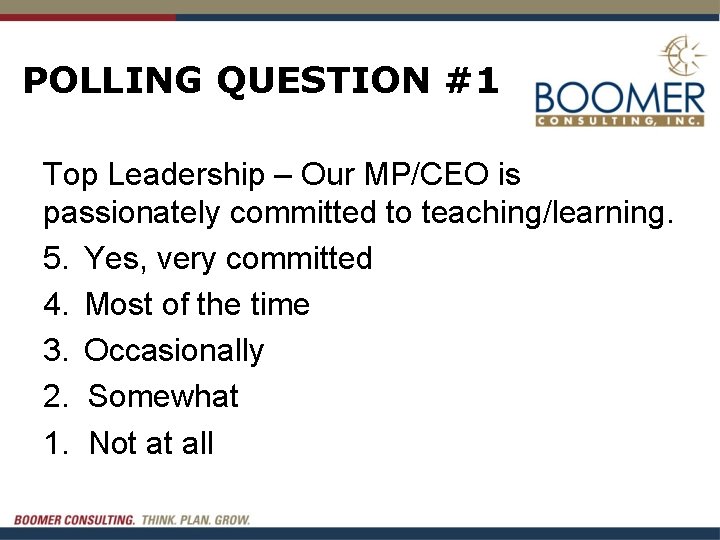 POLLING QUESTION #1 Top Leadership – Our MP/CEO is passionately committed to teaching/learning. 5.