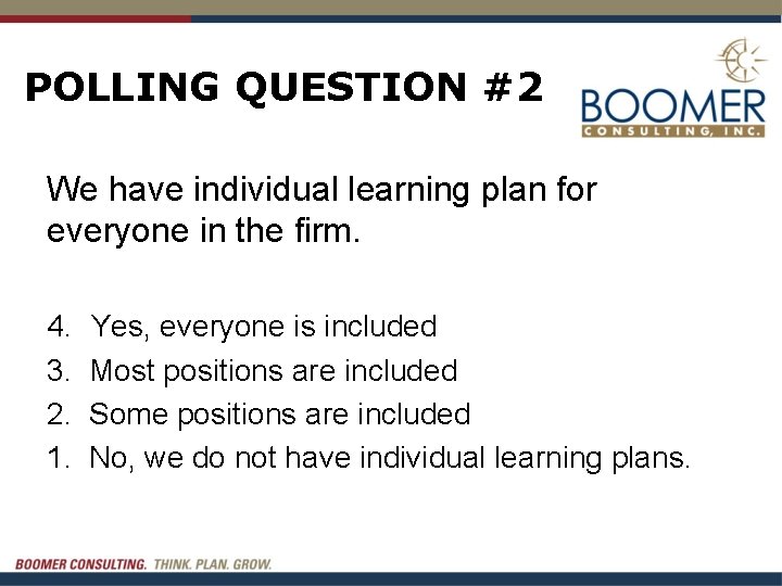 POLLING QUESTION #2 We have individual learning plan for everyone in the firm. 4.