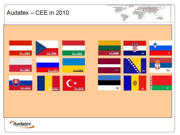 Audatex – CEE in 2010 AT- 1969 CZ-1994 HU-1994 PL-1997 RU-2003 UA-2004 SK-2004 RO-2005