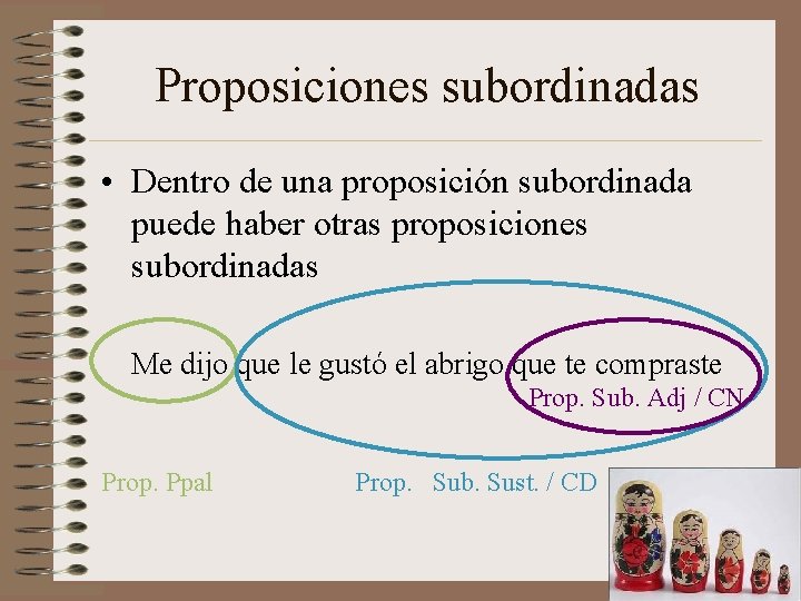 Proposiciones subordinadas • Dentro de una proposición subordinada puede haber otras proposiciones subordinadas Me