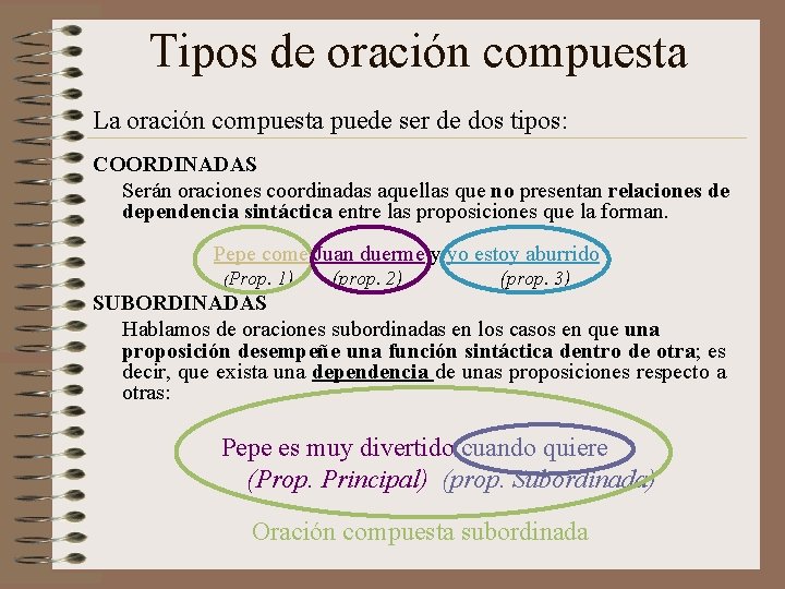 Tipos de oración compuesta La oración compuesta puede ser de dos tipos: COORDINADAS Serán