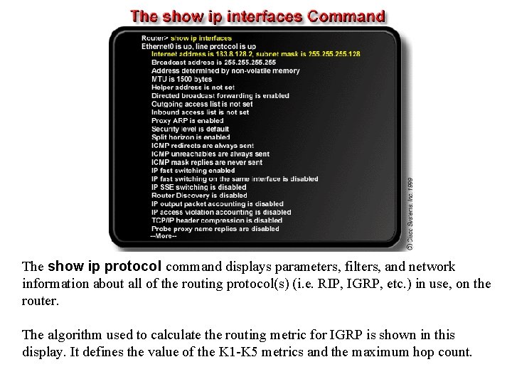 The show ip protocol command displays parameters, filters, and network information about all of
