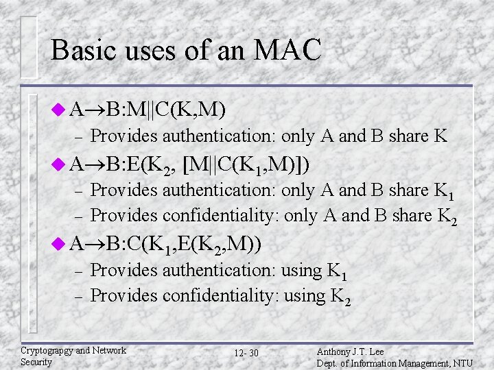 Basic uses of an MAC u A B: M||C(K, M) – Provides authentication: only Basic uses of an MAC u A B: M||C(K, M) – Provides authentication: only