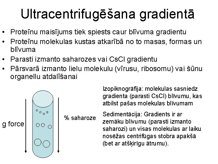 Ultracentrifugēšana gradientā • Proteīnu maisījums tiek spiests caur blīvuma gradientu • Proteīnu molekulas kustas