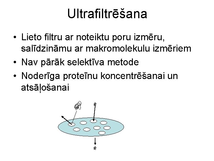 Ultrafiltrēšana • Lieto filtru ar noteiktu poru izmēru, salīdzināmu ar makromolekulu izmēriem • Nav