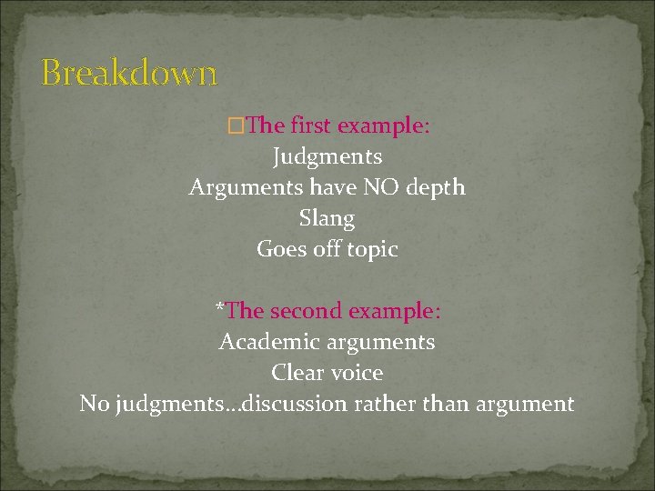Breakdown �The first example: Judgments Arguments have NO depth Slang Goes off topic *The Breakdown �The first example: Judgments Arguments have NO depth Slang Goes off topic *The