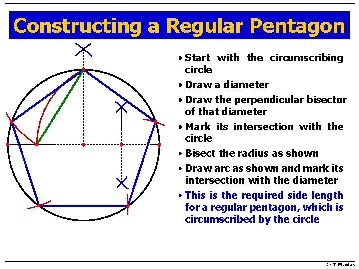 Constructing a Regular Pentagon • Start with the circumscribing circle • Draw a diameter