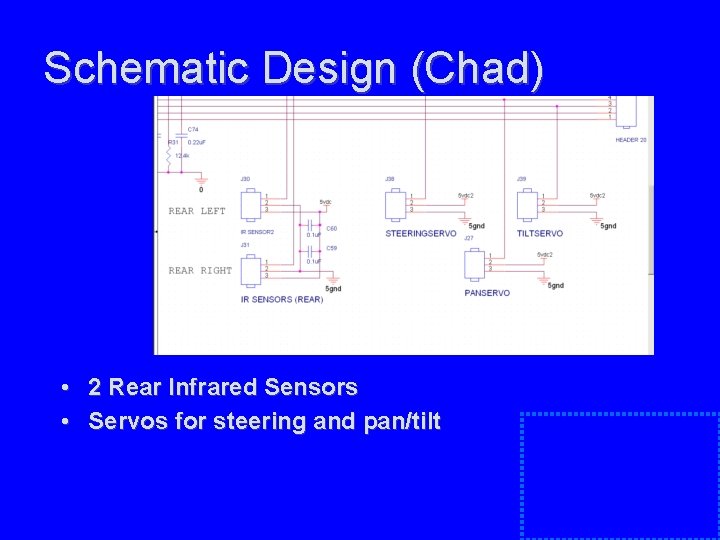 Schematic Design (Chad) • 2 Rear Infrared Sensors • Servos for steering and pan/tilt Schematic Design (Chad) • 2 Rear Infrared Sensors • Servos for steering and pan/tilt
