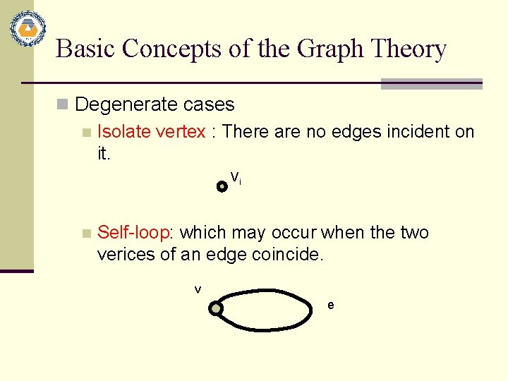 Basic Concepts of the Graph Theory n Degenerate cases n Isolate vertex : There